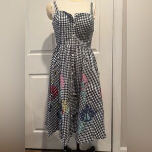 French Connection Gingham Checkered Dress with Floral Embroidery.